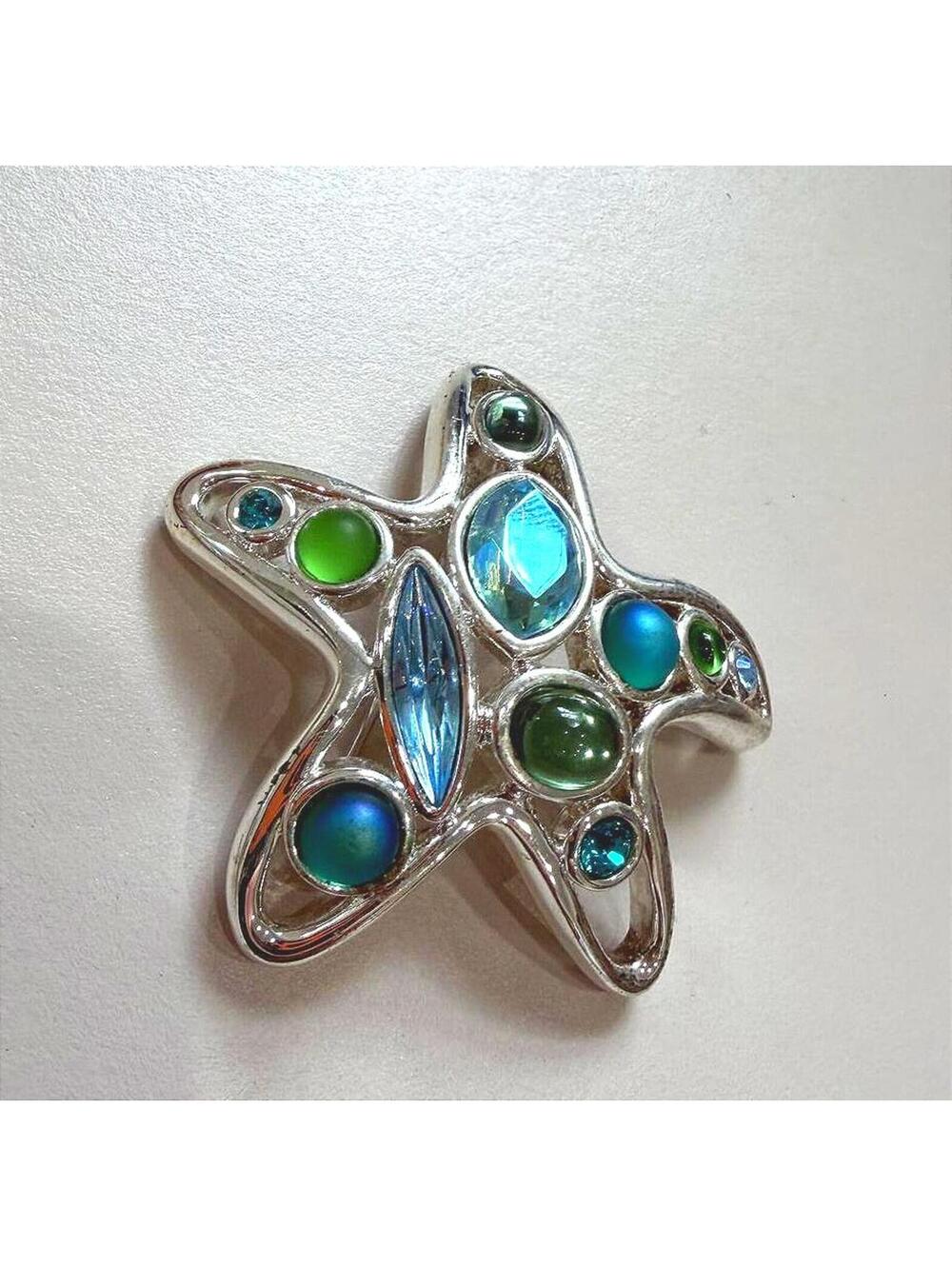 Vintage Monet Silver-Tone Starfish Brooch Pin with Multicolor Stones